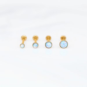Light BLUE Opal 20G 18G 16G Threadless Gold Labret Stud • Tiny Tragus/Cartilage/Conch/Forward Helix Earring • Push Pin Flat back Nose Stud