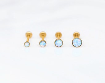 Light BLUE Opal 20G 18G 16G Threadless Gold Labret Stud • Tiny Tragus/Cartilage/Conch/Forward Helix Earring • Push Pin Flat back Nose Stud