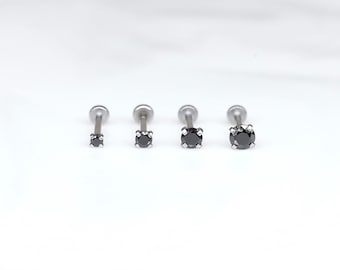 Threadless Steel BLACK CZ Gem Tiny Earrings - Nose/Tragus/Cartilage/Conch/Forward Helix Earring - Push Pin Earrings - Flat back Stud