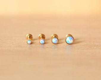 16G Gold Plated Screw-in THREADED Light Blue Opal 2.5mm 3mm 4mm Tragus/Helix/Cartilage/Conch Flatback Labret Stud - Flatback Nose Stud