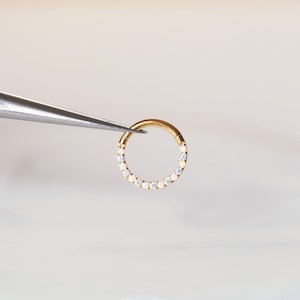 16G Steel Aurora Opal Gem 8m FRONT Micro Pave Hinged Segment Ring - Clicker Ring - Seamless Ring - Septum/Daith Earrings • Tiny Clicker Hoop