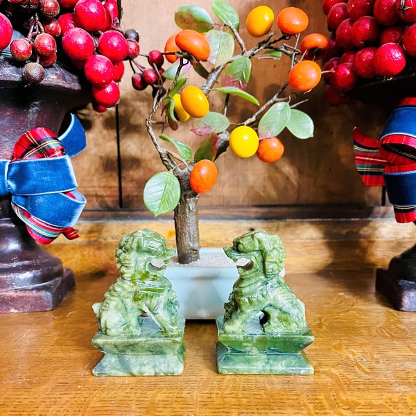 Vintage Rough Cut Jade Foo Dogs, Pair, Small