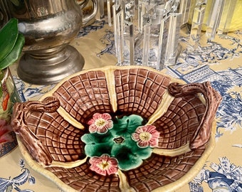 Antique  Majolica Footed Compote Dish with Handles, Basketweave Majolica, Hand Painted, Antique Majolica, Vintage Majolica, Pink Flowers