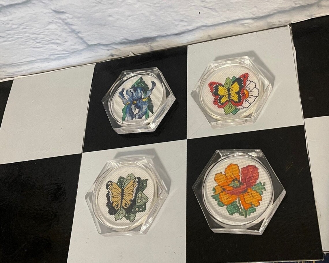 Needlepoint & Lucite CoastersVintageSet of 4 Etsy
