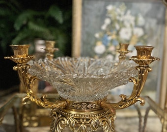 Gold Tole Candelabra Centerpiece Bowl, Hollywood Regency, Dorothy Draper Style, Gilt Candelabra,