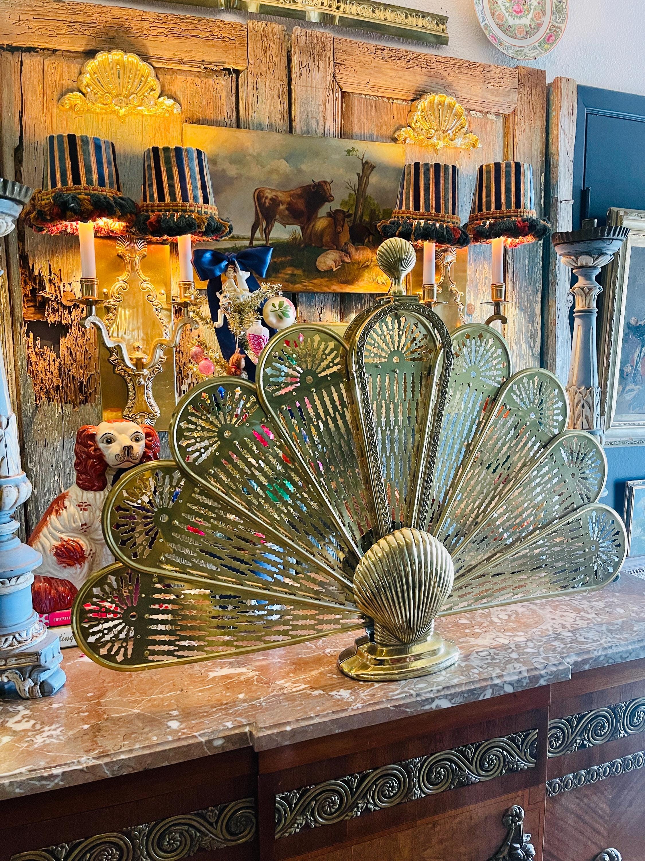 Vintage Brass Clam Seashell Brass Peacock Fireplace Folding Fan