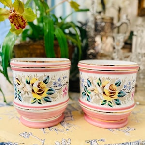 Vintage Porcelain Jardiniere, Pink and White with Hand Painted Flowers and Gilt Detail, Made in Germany, Milk Glass, Estate Decor