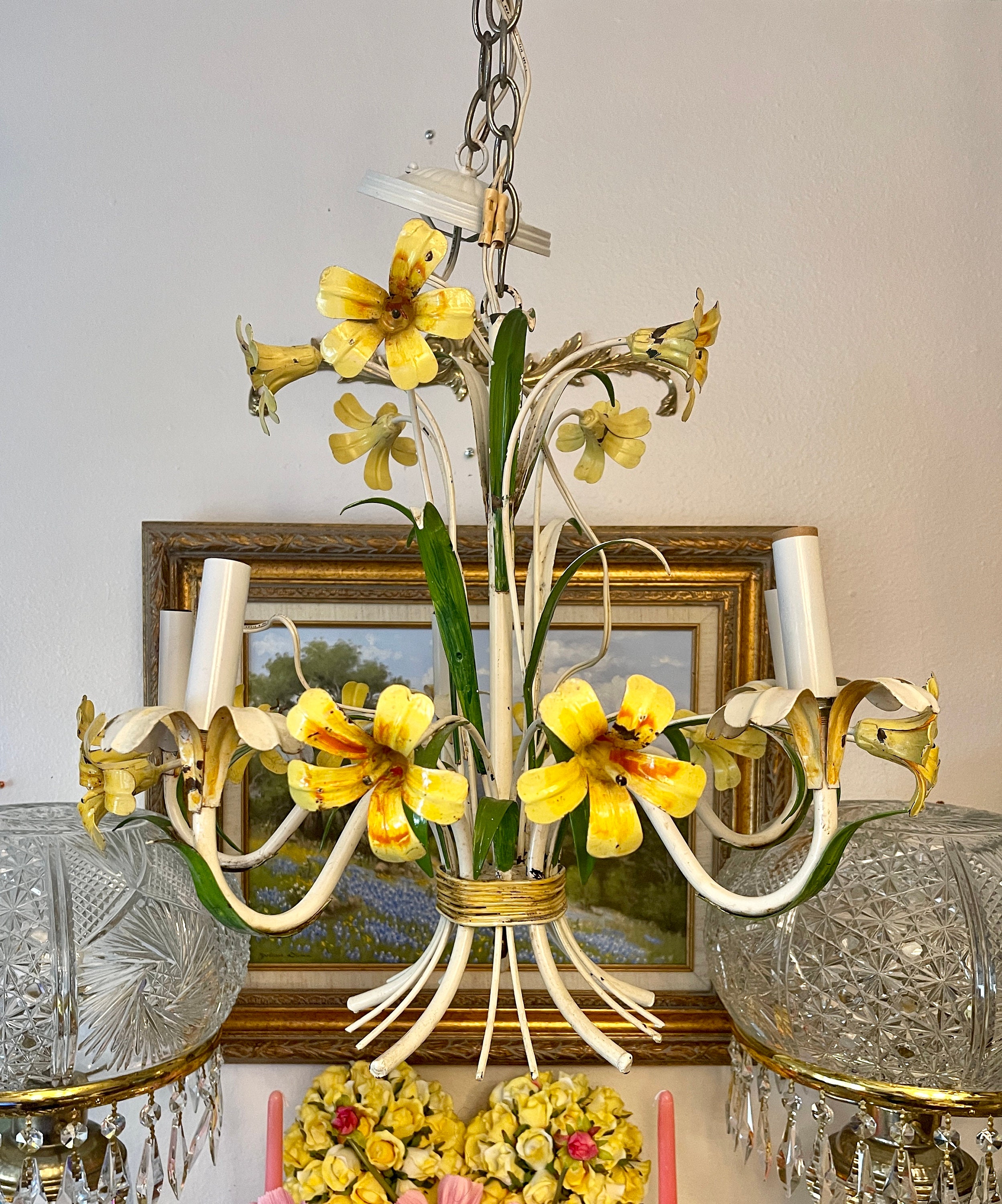 Large Vintage Tole Flower Chandelier, Yellow and Orange Large Vintage Tole Flower Chandelier, Yellow and Orange