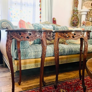 Vintage Italian Burl Wood Inlay Side Tables with Cabriole Legs - Pair, Vintage Italian Side Tables, Ornate Carved Wood Tables,
