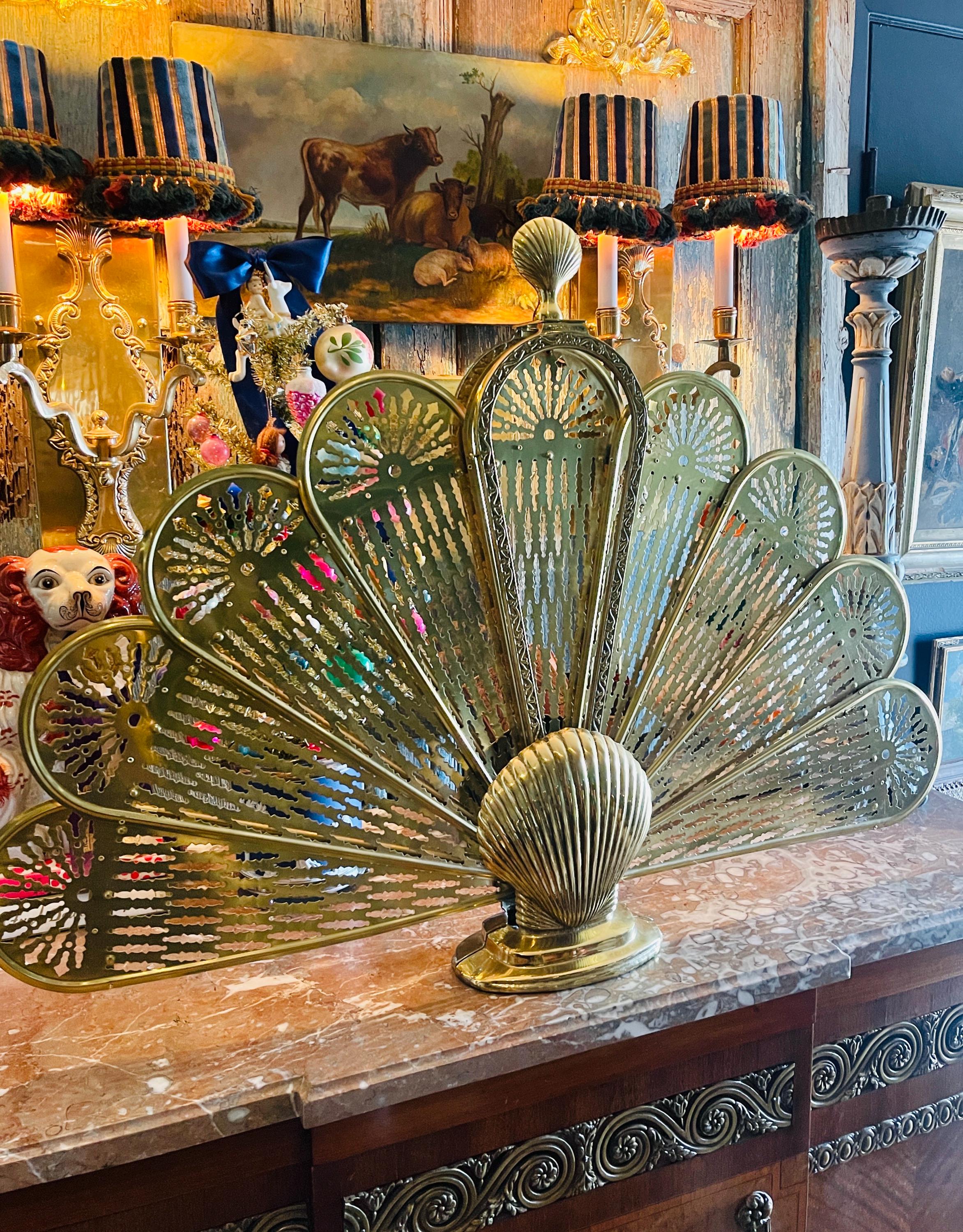 Vintage Brass Clam Seashell Brass Peacock Fireplace Folding Fan