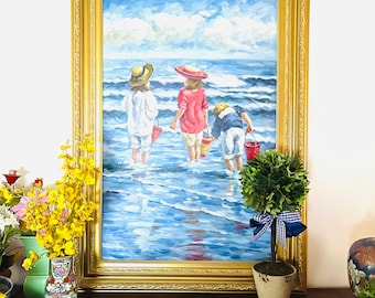 LARGE Vintage Children Playing in the Ocean Oil Painting, Kids at Seascape Holiday Oil Painting, Ornate Gold Frame, Vintage Coastal Painting