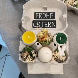 Eierschachtel gefüllt/ Eierkarton/ Ostergeschenk/ Kerzen/ Ostern/ Osternest/ Ostermitbringsel/ Osterhase/ Osterdeko/ Osterdekoration/ Ei Weiß