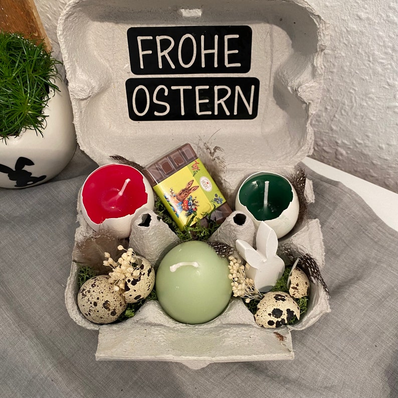 Eierschachtel gefüllt/ Eierkarton/ Ostergeschenk/ Kerzen/ Ostern/ Osternest/ Ostermitbringsel/ Osterhase/ Osterdeko/ Osterdekoration/ Ei Mint