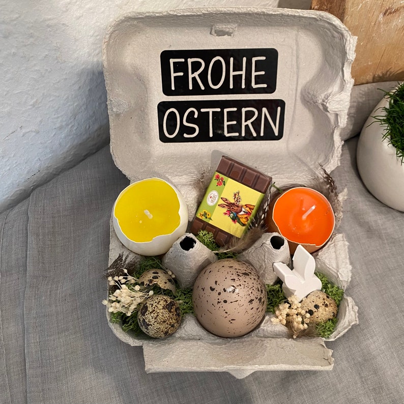 Eierschachtel gefüllt/ Eierkarton/ Ostergeschenk/ Kerzen/ Ostern/ Osternest/ Ostermitbringsel/ Osterhase/ Osterdeko/ Osterdekoration/ Ei Beige Gesprenkelt