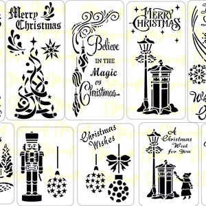 File di stencil per lavori artigianali, scene di Natale innevate, palline, alberi di Natale, candele, spirali per biglietti d'auguri, decorazioni murali, multimediali, PDF, formato file SVG