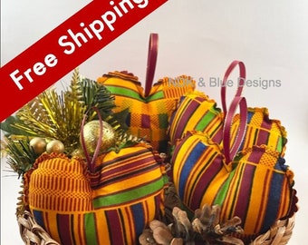 Kente Heart Shaped Fabric Ornaments, 4 PCS, African Ornaments, Handmade African American Christmas Ornaments, Free Shipping