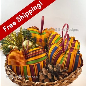 Kente Heart Shaped Fabric Ornaments, 4 PCS, African Ornaments, Handmade African American Christmas Ornaments, Free Shipping