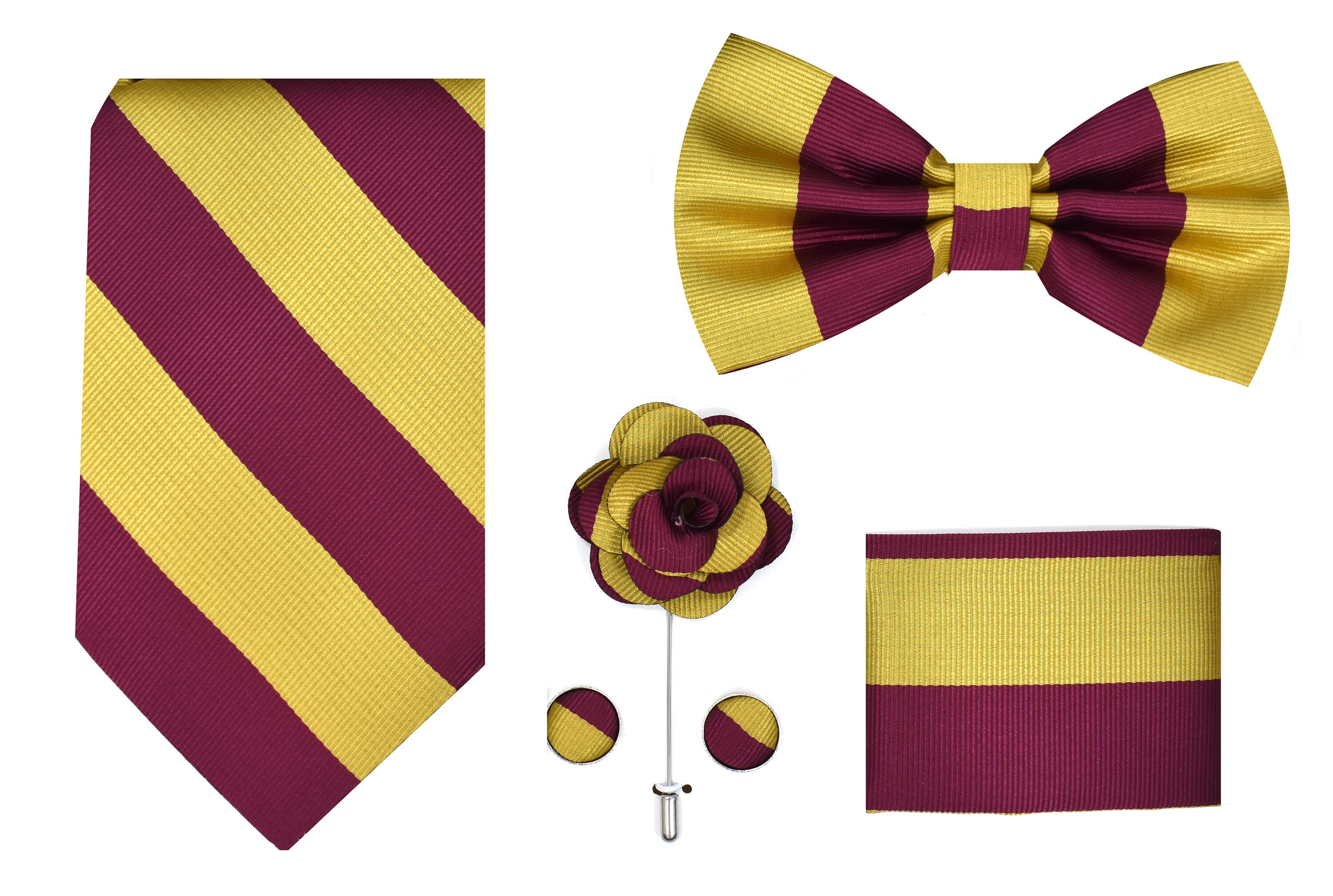 Men/'s 5pc Striped Necktie Bowtie Cufflink Handkerchief Gift Box Set Black Gold