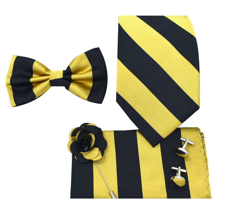 Men/'s 5pc Striped Necktie Bowtie Cufflink Handkerchief Gift Box Set Black Gold