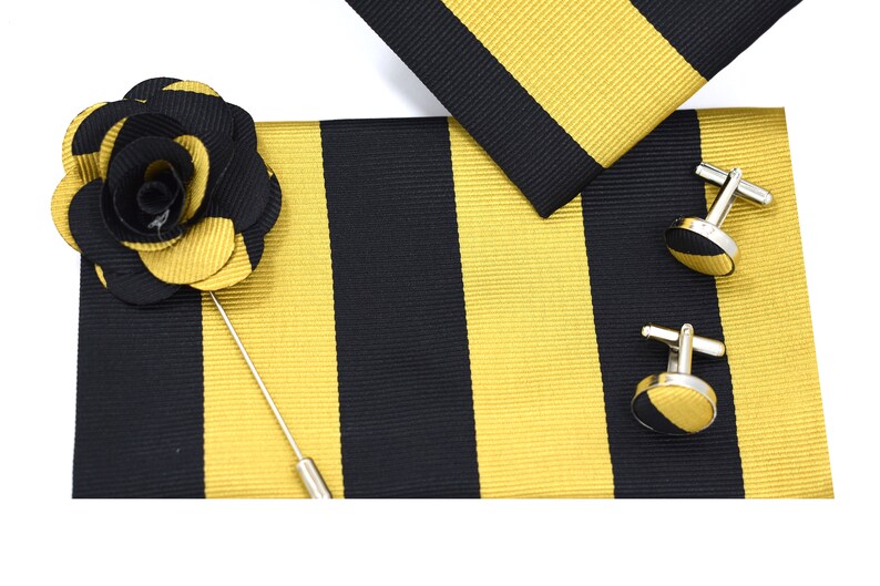 Men/'s 5pc Striped Necktie Bowtie Cufflink Handkerchief Gift Box Set Black Gold