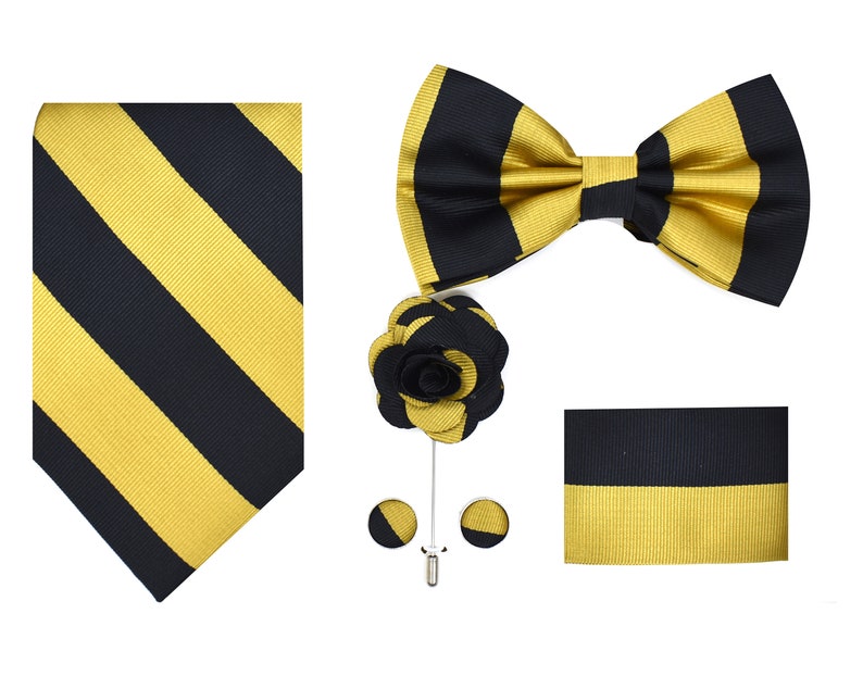 Men/'s 5pc Striped Necktie Bowtie Cufflink Handkerchief Gift Box Set Black Gold