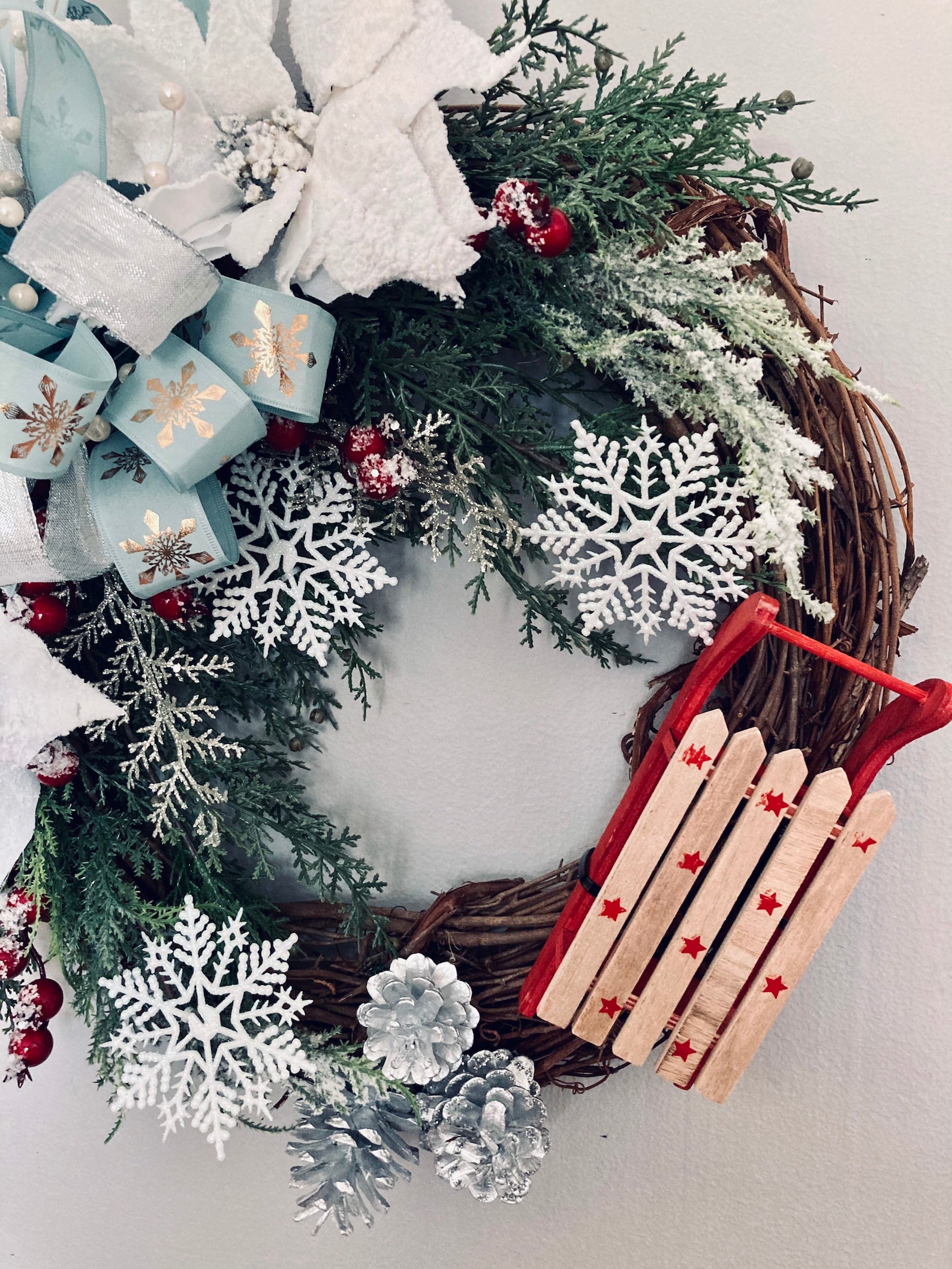 Stunning Wintery Christmas Sled Wreath On A 18 Grapevine Etsy