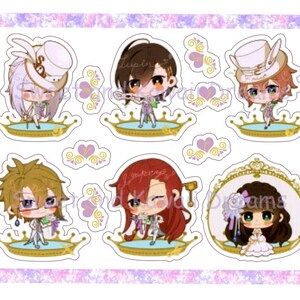 May include: Set of six colorful cartoon character stickers with a whimsical theme. Each sticker features a different character with a crown and a unique design. The stickers are perfect for adding a touch of fun to any project.