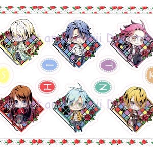 May include: Six colorful stickers featuring anime-style characters with different colored hair and clothing. Each sticker is set against a diamond-shaped background with a stained glass pattern and red roses. The stickers are arranged in two rows of three.