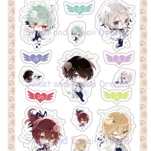 May include: A set of 10 colorful anime character stickers with wings and hearts. The stickers are printed on white paper and feature different characters with different colored hair and eyes. The stickers are perfect for adding a touch of anime to your laptop, phone, or water bottle.