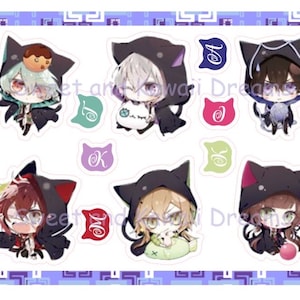 May include: Set of eight stickers featuring anime-style characters with cat ears and hooded cloaks. The characters are in various poses and have different colored eyes and hair. The stickers are printed on white paper with a glossy finish.