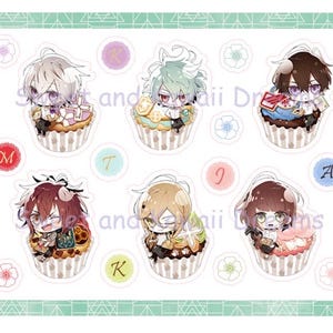 May include: Six colorful cupcake stickers featuring anime-style characters. Each sticker has a different character with a unique design and a letter on the side.