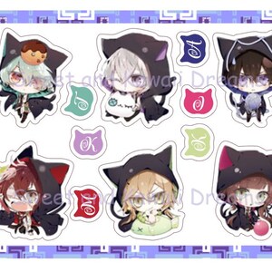 May include: Set of 8 colorful stickers featuring cartoon characters with cat ears and hooded sweatshirts. The characters are wearing different colored clothing and have different expressions. The stickers are perfect for adding a touch of whimsy to your laptop, water bottle, or planner.