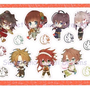 May include: Set of eight colorful anime character stickers with floral designs. The stickers feature characters with different hairstyles, clothing, and accessories.