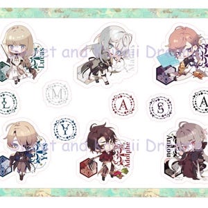 Puede incluir: Conjunto de 8 pegatinas con personajes de estilo anime con diferentes colores de pelo y ropa. Cada pegatina tiene un diseño único e incluye una letra y una palabra. Las letras son L, M, A, S, Y, A, y las palabras son Lucas, Mavis, Adolphe, Ankou, Yves, Scien.