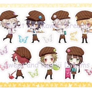 Puede incluir: Conjunto de diez pegatinas de dibujos animados coloridos con personajes que llevan sombreros a rayas marrones y blancas. Los personajes sostienen varios objetos, incluyendo bandejas, tazas y una escoba. Las pegatinas están sobre un fondo blanco con un borde amarillo.