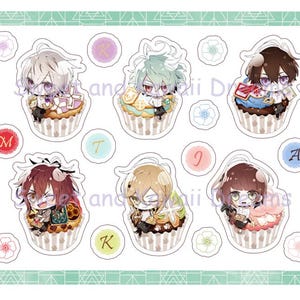 May include: Set of ten cupcake stickers featuring anime characters with different colored hair and outfits. Each sticker has a letter on it, from A to K.