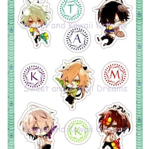 May include: Six colorful stickers featuring anime characters holding water guns. Each sticker has a letter in a circle around the character. The letters spell out "TAKAMAK"