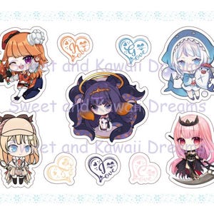 Puede incluir: Conjunto de diez pegatinas con personajes de estilo anime con corazones y el texto "I Love" en un esquema de color rosa y blanco.