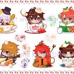May include: Six colourful cartoon characters in teacups. Each character has a different name and is holding a different object. The characters are all wearing different outfits and have different hairstyles. The teacups are all different colours and have different designs.