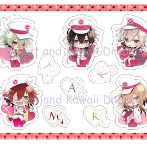 May include: Set of eight stickers featuring anime characters with hearts and letters. The characters are wearing white hats with red accents and are holding hearts. The letters on the hearts are A, K, M, and T.