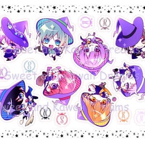 Puede incluir: Conjunto de nueve pegatinas de bruja de dibujos animados de colores con sombreros morados y diversas expresiones faciales. Las pegatinas están sobre un fondo blanco con un borde de pequeñas estrellas.