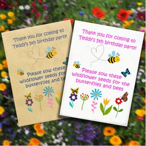 Packs of 5 Quality Personalised  Printed Birthday Party Favour Gift Wildflower Seed Filled Packets Envelopes for Butterflys and Bees