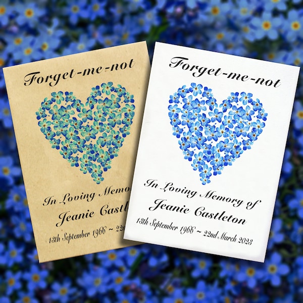 75 Personalised Forget Me Not Flower Seed Packets (with seeds) Heart Funeral Favours Memorial Loving Memory Remembrance Celebration of Life