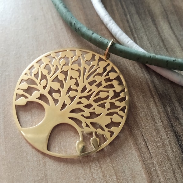Gold tree of life pendant necklace, Portuguese cork necklace, tree of life pendant, boho necklace, gift for her, statement necklace, vegan