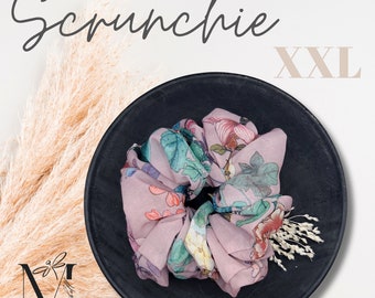 Chouchou XXL en mousseline de soie veloutée et douce pour cheveux, chouchou, motif floral, attache pour cheveux volumineux, chouchou violet