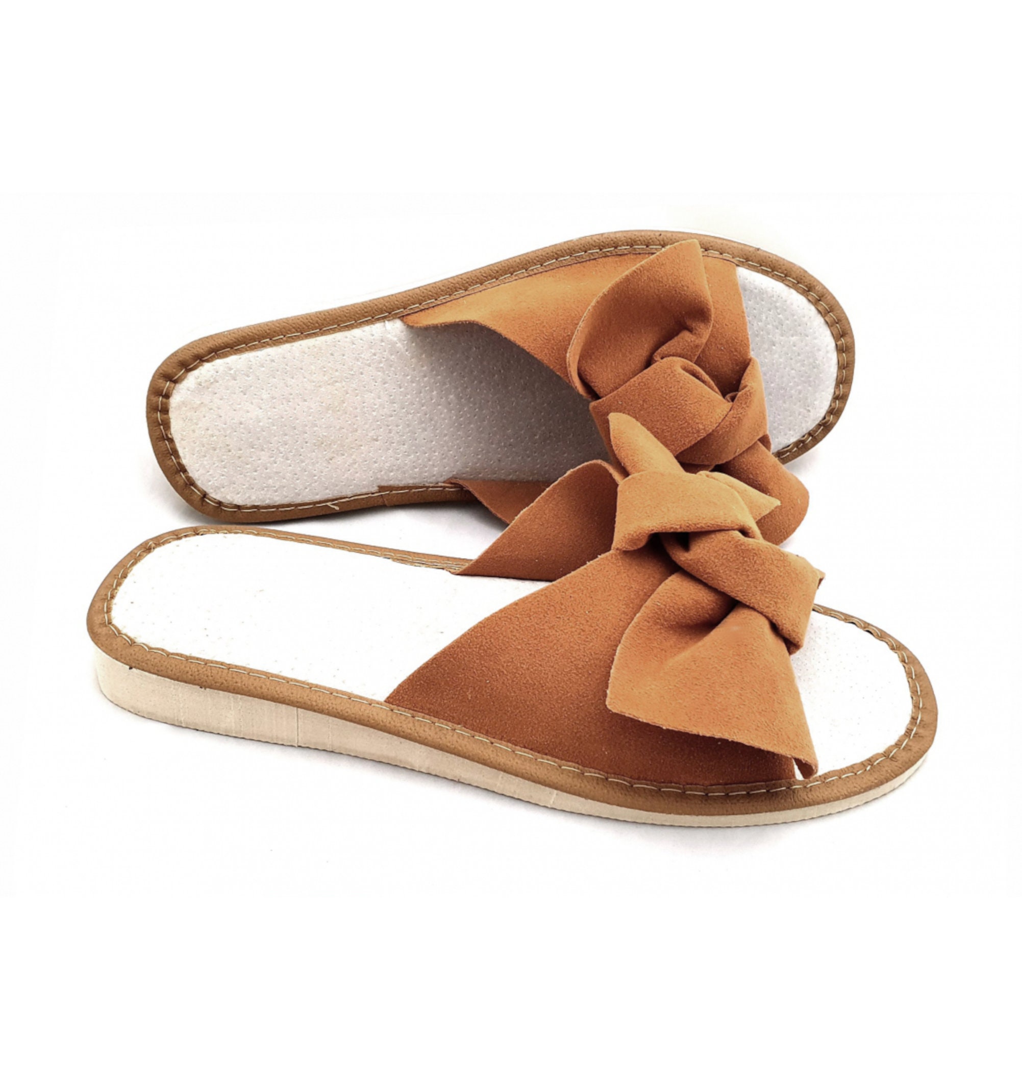 Buy Ladies Womens Bow Slippers Handmade Open Toes Leather Brown