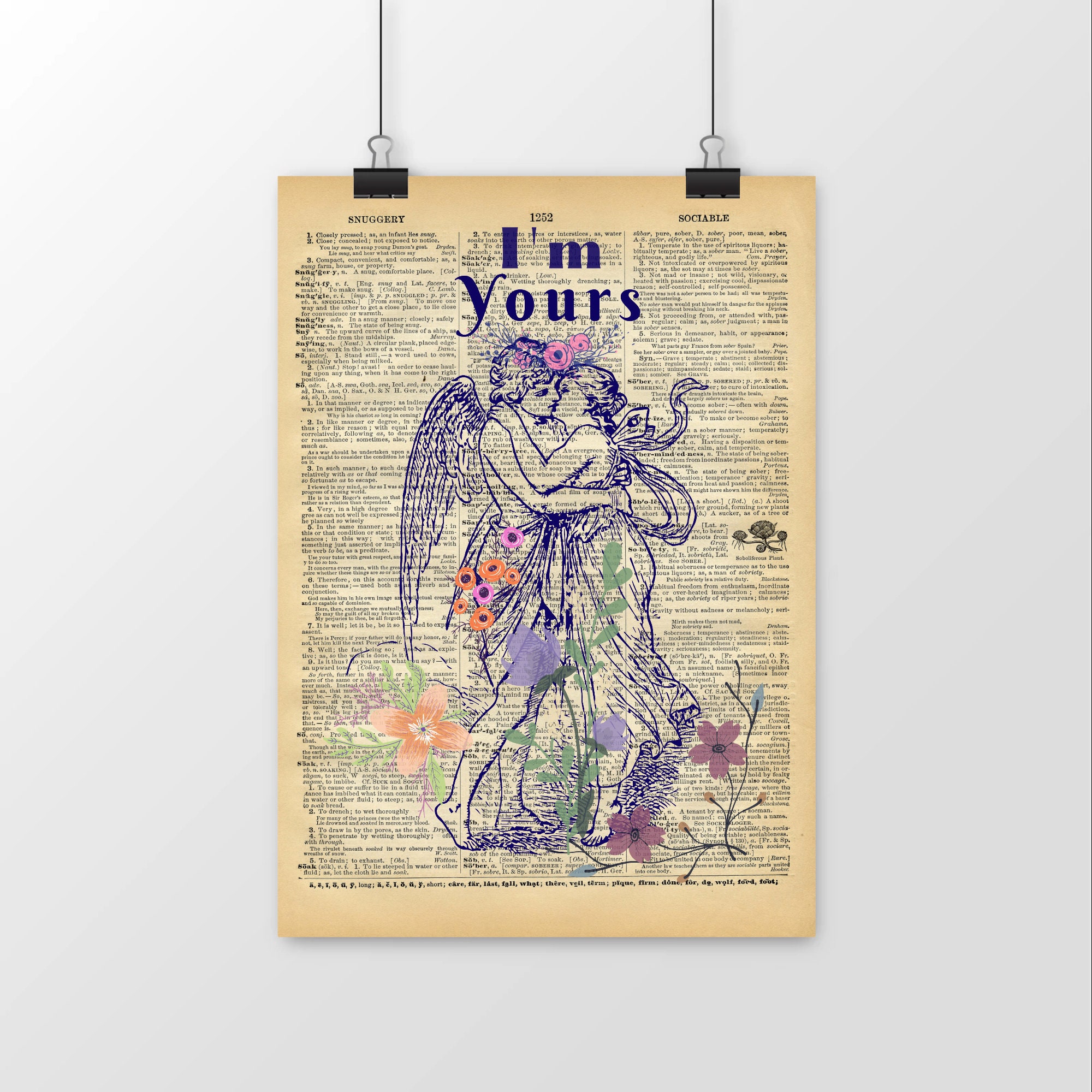 I'm Yours , Grec Love Fusion, Print On Antique English Dictionary 1886, Saint Valentin Vintage Art P