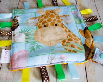 Safari Lovey blanket, Giraffe crinkle taggie pacifier holder, Sensory newborn toy