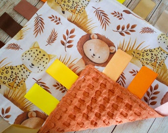 Lion Taggie Lovey blanket, New baby gift box stuffer, Cozy postpartum gift