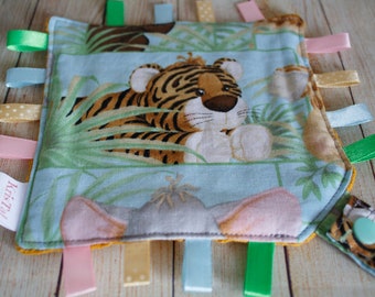 Safari Lovey blanket, Tiger crinkle taggie pacifier holder, Sensory newborn toy